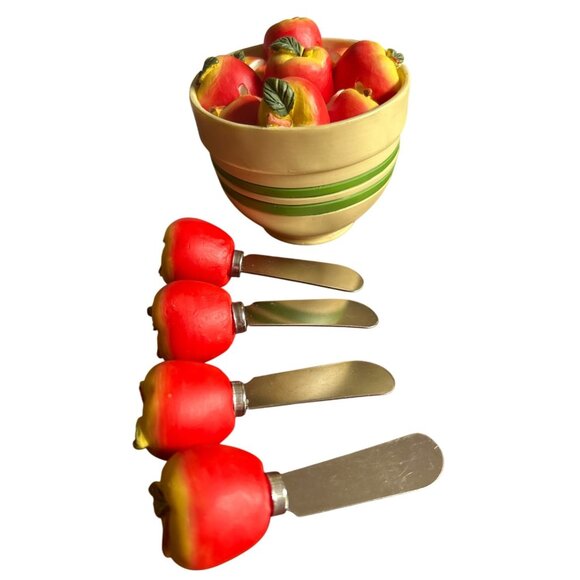Vtg Red & Yellow Apple Spreaders With Ceramic Bowl - Set Of 4 Spreaders & Bowl - Picture 3 of 7